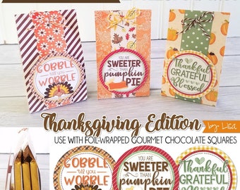 Cute THANKSGIVING PRINTABLE Gift Tags | Gourmet Chocolate Squares Mix and Match Tags | Gift Idea for Friends, Neighbors or Teachers