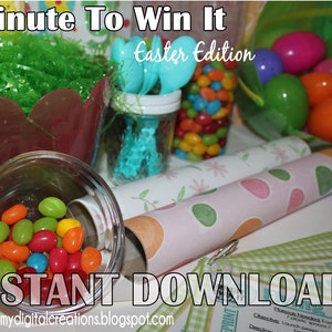 May include: A Minute to Win It Easter Edition game with instructions, candy, and a basket filled with green grass. The game includes a printable game card, a basket, candy, and a tube for rolling candy.