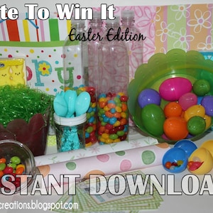 May include: Minute To Win It Easter Edition game with colorful candy, plastic eggs, and Peeps marshmallow candies. Instant Download.