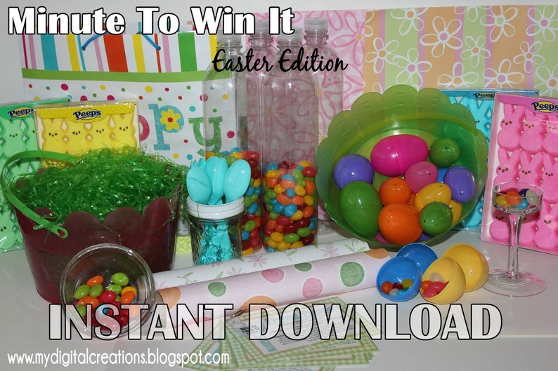 May include: Minute To Win It Easter Edition game with colorful candy, plastic eggs, and Peeps marshmallow candies. Instant Download.