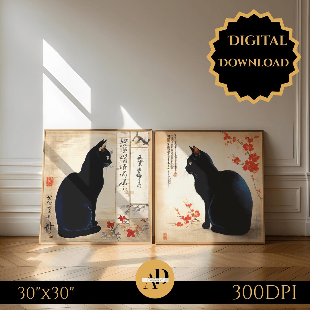 Set of 2 Black Cat Japanese Printable Wall Art Poster (digital Download ...
