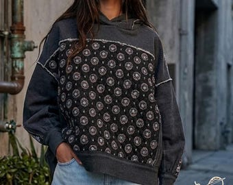Patchwork Hoodie Sweatshirt | Oversized Y2K Streetwear Pullover | Urban Casual Long Sleeve Top