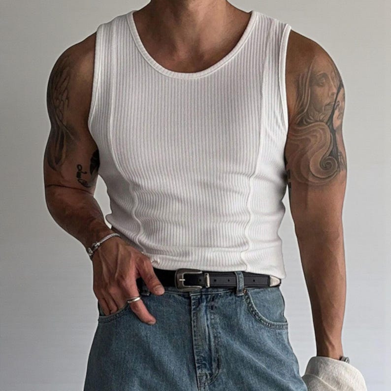 Men's Ribbed Tank Top | Slim Fit Muscle Vest | Casual Elastic Streetwear | Basic Training Shirt | Lightweight Gymwear
.
Men's ribbed sleeveless knit tank top with slim fit, designed for casual streetwear, gym, or summer layering in a minimalist fashion style.