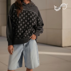 Patchwork Hoodie Sweatshirt | Übergroßer Y2K Streetwear Pullover | Urban legeres Langarm Top