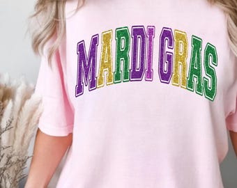 Mardi Gras Comfort Colors Shirt|Varsity Faux Glitter Lettering Tee |New Orleans Carnival Outfit |Fat Tuesday College Style Top |Vintage Wash