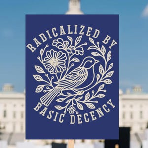 May include: A navy blue sign with the words "RADICALIZED BY BASIC DECENCY" in a circular design around a bird and floral illustration. The sign is held up in front of a crowd of people with a building in the background.