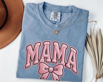 Coquette Mama Bow Comfort Colors Shirt | Faux Embroidery Pink Mom Tee | Cute Ribbon Mother T-Shirt | Soft Girl Aesthetic Gift