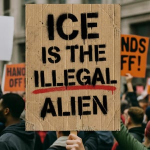 May include: A cardboard sign with black spray-painted text that reads "ICE IS THE ILLEGAL ALIEN" with a red line through "ILLEGAL". Other signs and people are visible in the background.