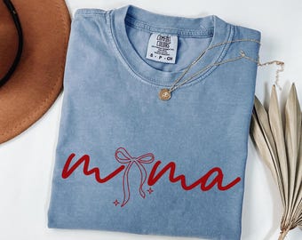 Mama Script Bow Comfort Colors Shirt | Red Ribbon Coquette Mom Tee | Minimalist Cute Mother T-Shirt | Aesthetic Gift for Her