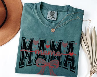 Mama Coquette Bow Comfort Colors Shirt | XOXO Valentine's Day Mom Tee | Red Ribbon Love Mother T-Shirt | Layered Script Gift