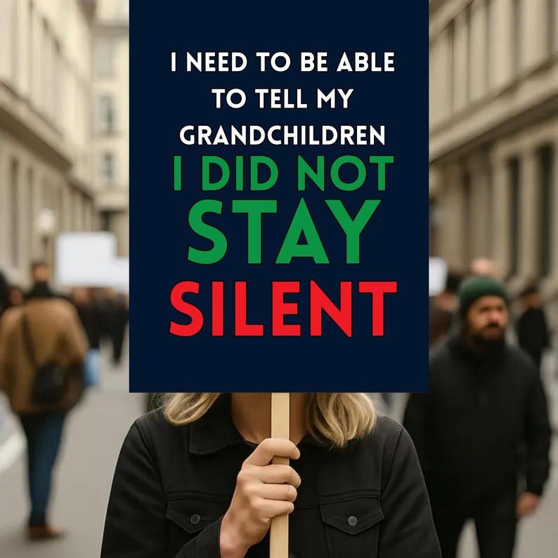 May include: A person holding a sign with the text "I NEED TO BE ABLE TO TELL MY GRANDCHILDREN I DID NOT STAY SILENT." The sign has a dark blue background with white, green, and red text. The background shows a blurred street scene.