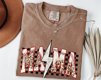 Baseball Mama Comfort Colors Shirt | Leopard Print Sports Mom Tee | Lightning Bolt Game Day T-Shirt | Softball Mother Gift