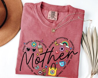 Mother Doodle Comfort Colors Shirt | Colorful Adjectives Mom Life Tee | Strong Gentle Loving Mother T-Shirt | Cute Aesthetic Gift