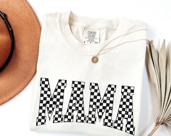 Checkered Mama Comfort Colors Shirt | Retro Black White Checkerboard Mom Tee | Racing Aesthetic Mother T-Shirt | Cool Mom Gift