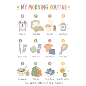 May include: A colorful educational poster titled MY MORNING ROUTINE featuring twelve numbered steps with illustrations for daily tasks like waking up, making the bed, washing hands, and eating breakfast. The bottom text reads A4 and US Letter Sizes.