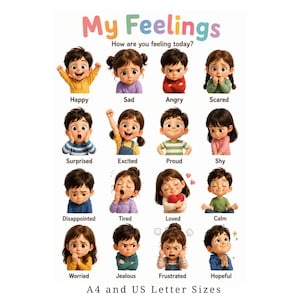 Pode incluir: Um cartaz educativo My Feelings com dezasseis crianças em desenho animado exibindo várias emoções, incluindo feliz, triste, zangado, assustado, surpreendido, entusiasmado, orgulhoso, tímido, desapontado, cansado, amado, calmo, preocupado, ciumento, frustrado e esperançoso.