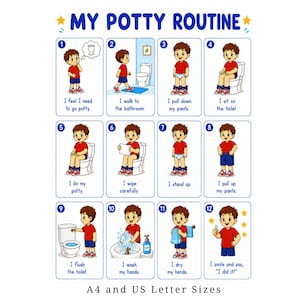 Peut inclure: Un tableau My Potty Routine avec douze illustrations numérotées d'un enfant en t-shirt rouge et short bleu montrant les étapes pour utiliser les toilettes, incluant le lavage des mains et la chasse d'eau, avec texte et formats A4 et US Letter.