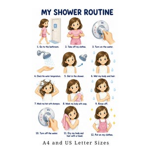 Shower Routine Chart for Girls, Visual Schedule, Autism Support (Digital Download)