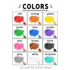 May include: An educational chart titled COLORS featuring twelve squares, each displaying a colour name, a corresponding coloured pencil, and a scribbled swatch of that colour. The colours include red, orange, yellow, green, blue, purple, pink, brown, black, grey, white, and turquoise. Text at the bottom reads A4 and US Letter Sizes.