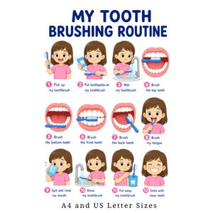 Może przedstawiać: Plakat zatytułowany MY TOOTH BRUSHING ROUTINE przedstawiający dwanaście numerowanych ilustracji dziecka demonstrującego kroki higieny jamy ustnej, w tym mycie zębów, płukanie i czyszczenie języka, dostępny w formatach A4 i US Letter.
