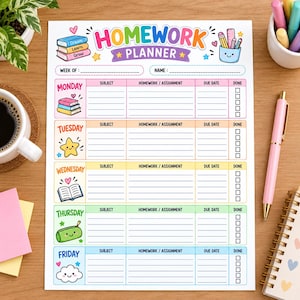 May include: A white paper homework planner sheet featuring colourful headers for Monday through Friday. Each day includes columns for subject, assignment, due date, and a checkbox. The design includes cartoon illustrations of books, a star, and a cloud.