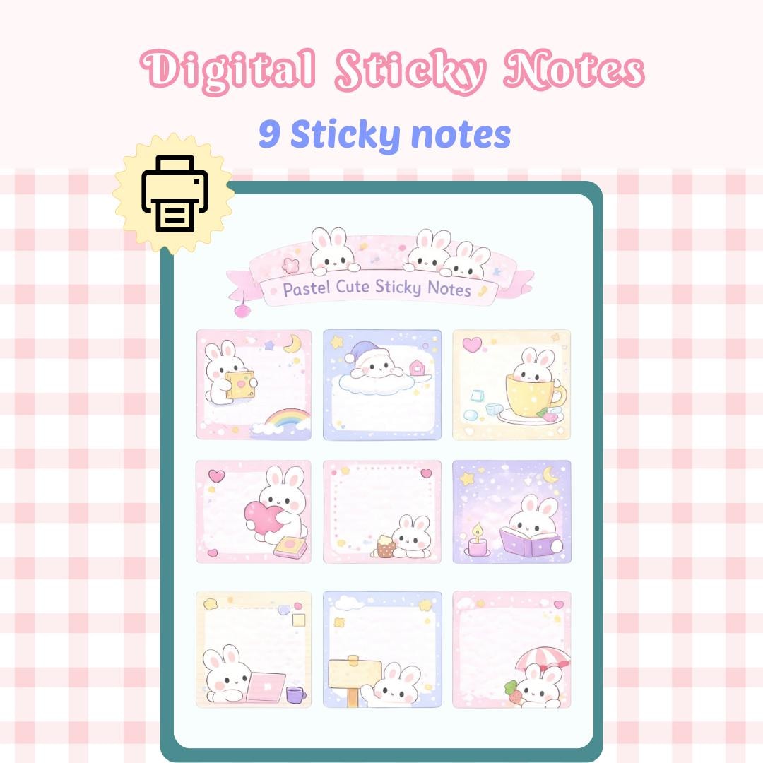 Pastel Bunny Sticky Notes | Kawaii Digital Stickers | Printable Planner ...