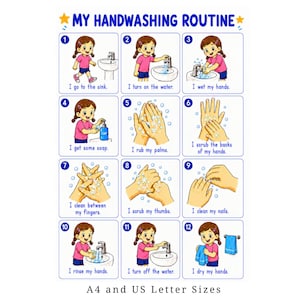 Może przedstawiać: Biały plakat edukacyjny zatytułowany MY HANDWASHING ROUTINE z dwunastoma ponumerowanymi krokami oraz ilustracjami dziecka i dłoni pokazującymi higienę. Tekst A4 and US Letter Sizes znajduje się na dole plakatu.