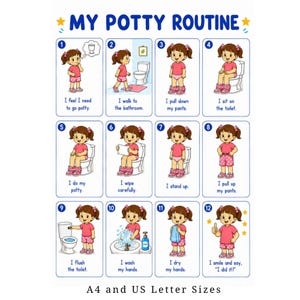 Può includere: Un grafico My Potty Routine con dodici pannelli numerati che mostrano un bambino con maglietta rosa e pantaloncini a pois che esegue i passaggi dall'andare in bagno al lavarsi le mani. Il testo include A4 and US Letter Sizes.