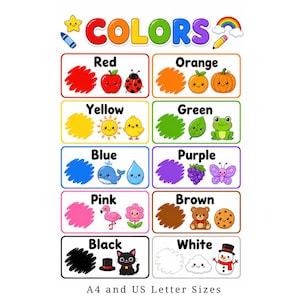 May include: An educational poster titled COLORS featuring ten rectangular sections, each displaying a color name, a corresponding paint swatch, and two cute illustrations. Icons include an apple, ladybug, pumpkin, sun, frog, whale, grape, butterfly, flamingo, flower, bear, cookie, cat, and snowman.