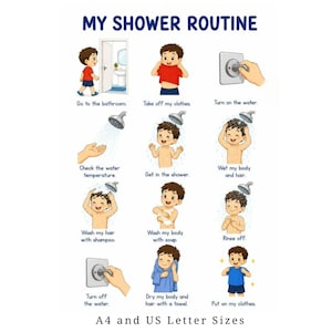 May include: A visual chart titled MY SHOWER ROUTINE featuring twelve illustrated steps for showering, including going to the bathroom, undressing, turning on water, checking temperature, washing, rinsing, drying, and dressing. Text includes A4 and US Letter Sizes.