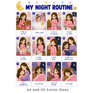 Night Routine Chart for Girls, Bedtime Visual Schedule, Autism Support (Digital Download)