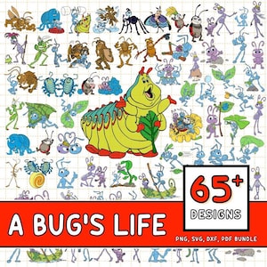 May include: A digital art bundle featuring 65+ designs of various cartoon insects and characters from "A Bug's Life." The designs include ants, caterpillars, butterflies, and other bugs in various poses and styles. The bundle includes PNG, SVG, DXF, and PDF files.
