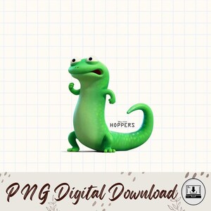 May include: A vibrant green cartoon lizard with a surprised expression, standing on its hind legs. The image includes the text "Disney Pixar HOPPERS" and "PNG Digital Download". The lizard has a long tail and is set against a grid background.