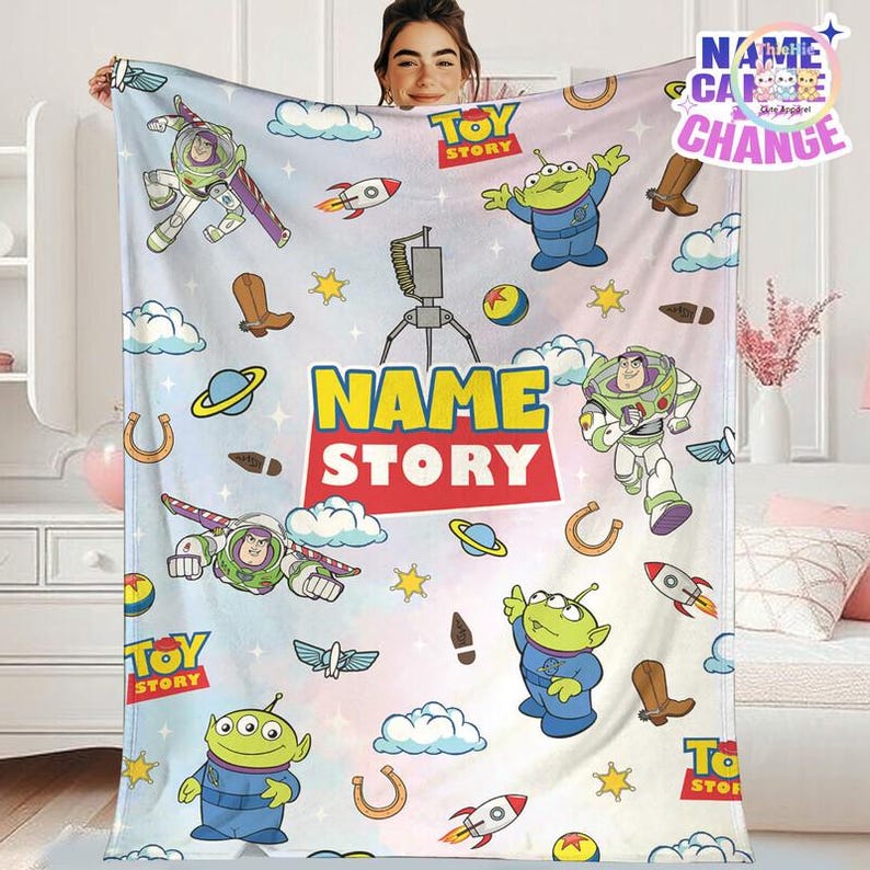Coperta personalizzata con alieni di Toy Story, coperta in pile con omini verdi, coperta con personaggi alieni, coperta con nome personalizzato, regalo di compleanno a tema Toy Story immagine 1