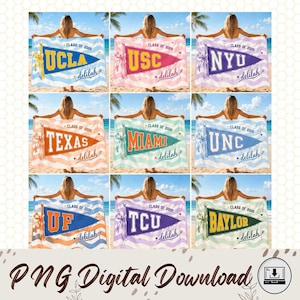 May include: Nine beach towels with college pennant designs. Each towel features a different university name: UCLA, USC, NYU, Texas, Miami, UNC, UF, TCU, and Baylor. The towels are held by a person on a beach.