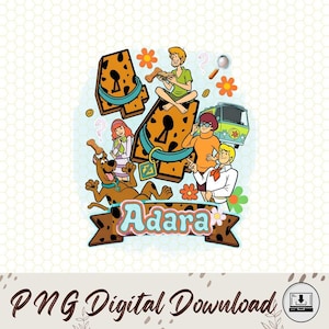 May include: A digital graphic featuring the Scooby-Doo gang. The image includes the Mystery Machine van, the characters, and the name "Adara" on a banner. The background is a light colour with a honeycomb pattern.