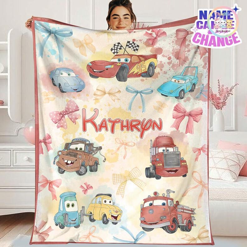 Personalized Cars Fleece Blanket, Lightning Mcqueen, Sally, Mater, Mack, Luigi Guido Red Blanket, Custom Name Blanket, Cars Birthday Gift image 1