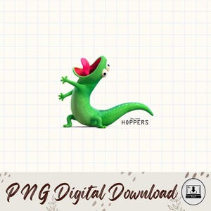 Puede incluir: Un lagarto verde de dibujos animados con la lengua rosa fuera, los brazos levantados y una expresión feliz. La palabra "HOPPERS" está debajo del lagarto. Las palabras "PNG Digital Download" están en la parte inferior.