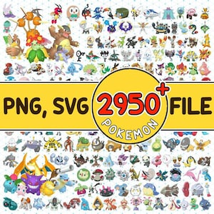 May include: A collection of colorful Pokemon character illustrations. The image includes the text "PNG, SVG 2950+ FILE" in a yellow banner with a circular graphic that says "Pokemon". The characters are in various poses and styles.