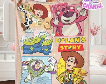 Coperta personalizzata di Toy Story, con Buzz Lightyear, Woody, Jessie, Lotso e gli alieni, in pile, con nome personalizzato, regalo di compleanno a tema Toy Story.