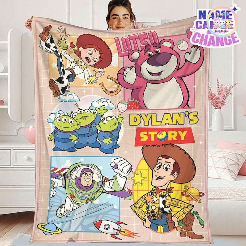 Personalized Toy Story Blanket, Buzz Lightyear Woody Jessie Lotso Alien Fleece Blanket, Custom Name Blanket, Toy Story Birthday Gift image 1