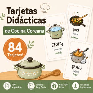 Può includere: Un set di 84 flashcard educative con termini di cucina coreana e illustrazioni di pentole, padelle e cibo. Le carte mostrano testo in coreano, coreano romanizzato e spagnolo, tra cui Tarjetas Didácticas de Cocina Coreana.