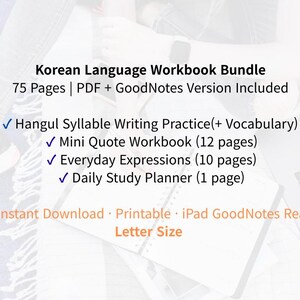 Korean Language Workbook Bundle | Hangul Writing + Vocabulary + Expressions | 75 Pages PDF (GoodNotes Ready)
