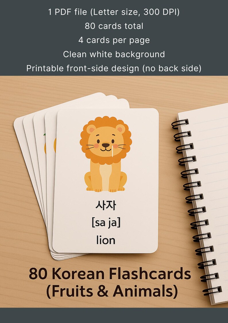 Korean Vocabulary Flashcards Fruits & Animals Study Cards (PDF) Etsy