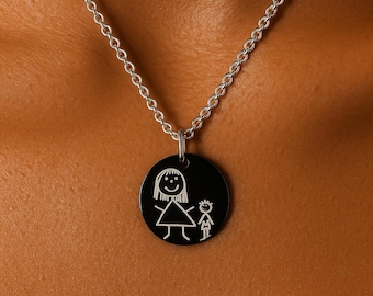 Collar con colgante con dibujo infantil personalizado • Ilustración grabada personalizada • Un recuerdo especial para un ser querido