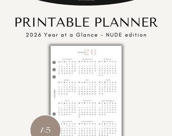 2026 Year at a Glance Calendar: Minimalist A5 Planner (Digital Download)