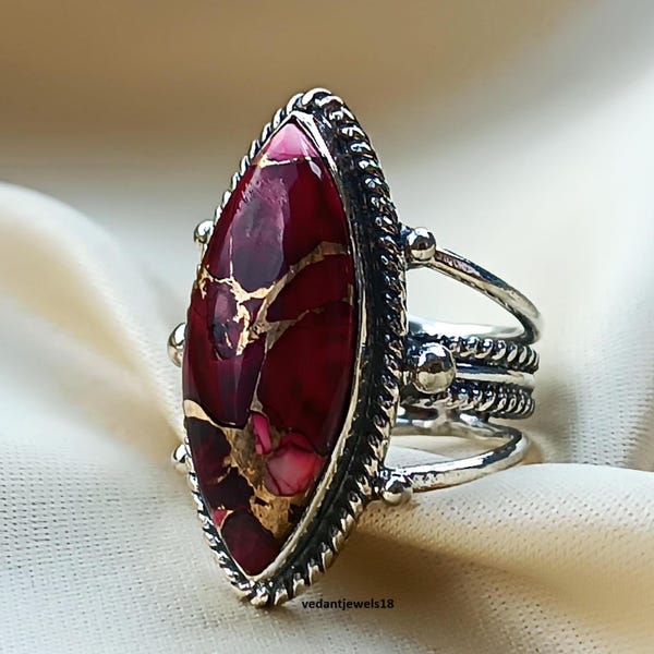 Anillo de dalia roja y turquesa: Plata de ley hecha a mano
