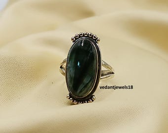 Handmade Seraphinite Ring | Green Gemstone, Sterling Silver Statement Jewelry