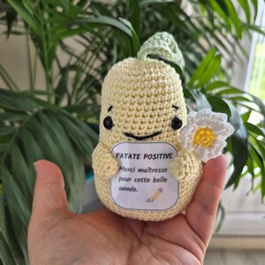 Peut inclure: Une figurine en crochet en forme de pomme de terre jaune clair, avec une tige verte et une fleur blanche et jaune. La figurine a des yeux noirs et une petite pancarte avec l'inscription "PATATE POSITIVE" et "Merci maîtresse pour cette belle année."