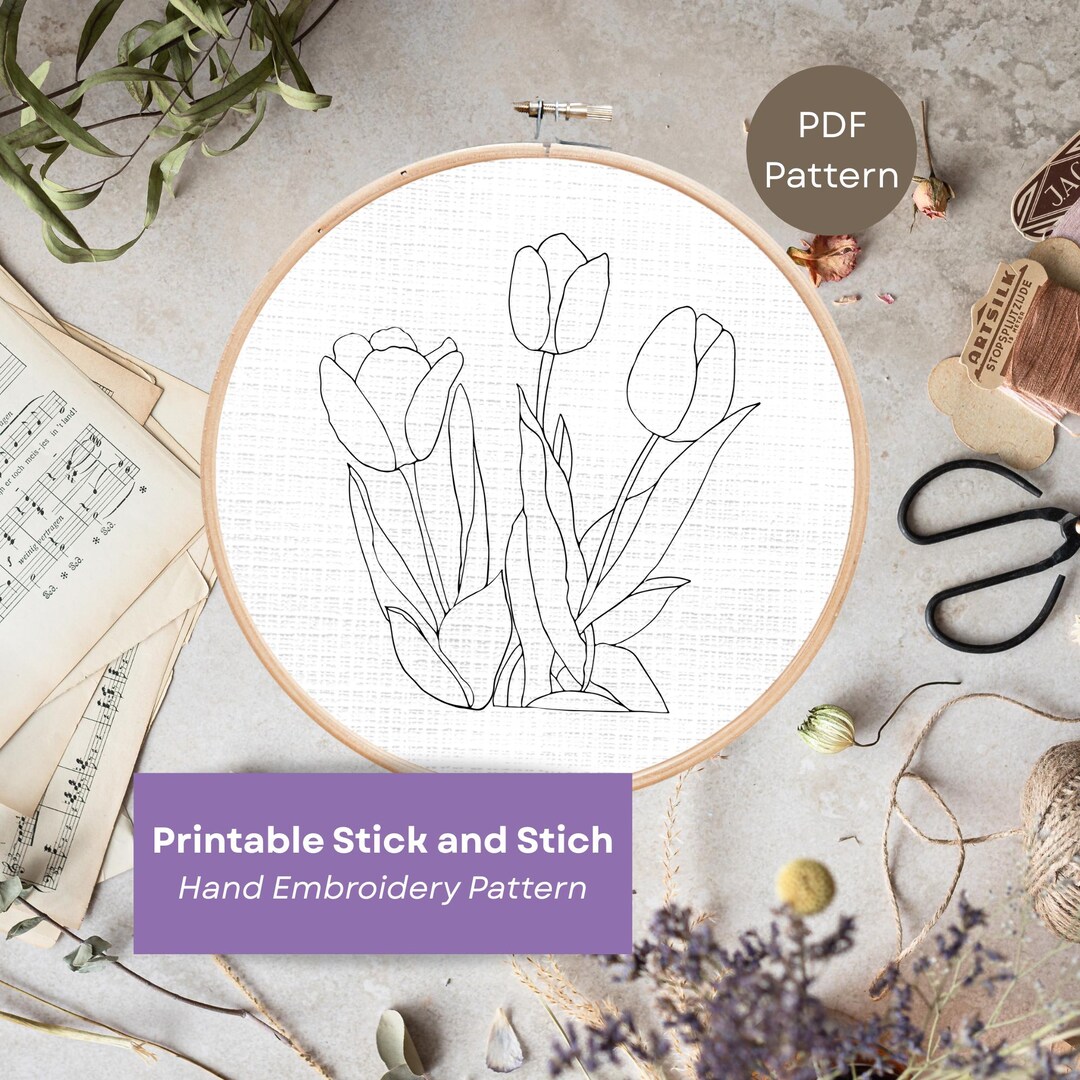 Tulip Embroidery Hoop Pattern: Spring Flowers Stick and Stitch Design ...
